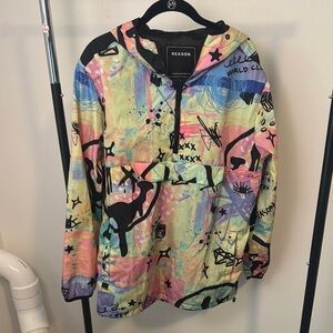 REASON Colorful Graffiti 1/2 Zip Hooded Lightweight Windbreaker Jacket Size L